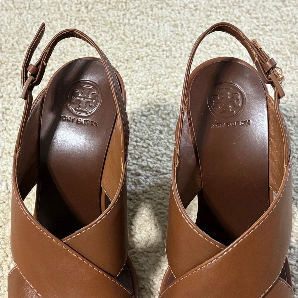 Tory Burch Gabrielle Wedge Sandals in tan leather